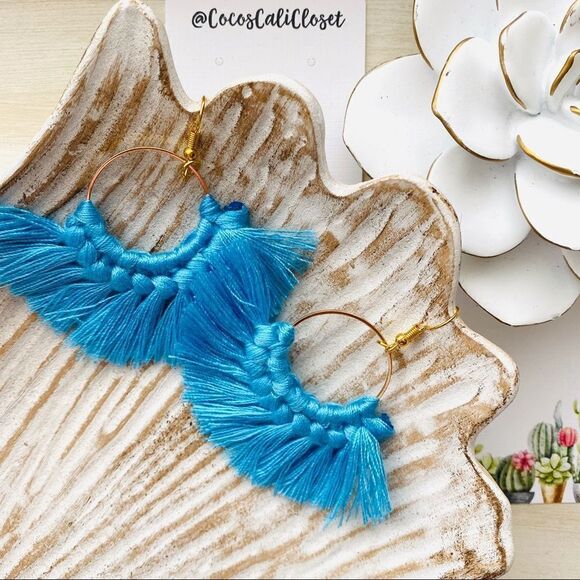 Boho Macrame Tassel Drop Hoop Earrings NWT - Picture 2 of 4